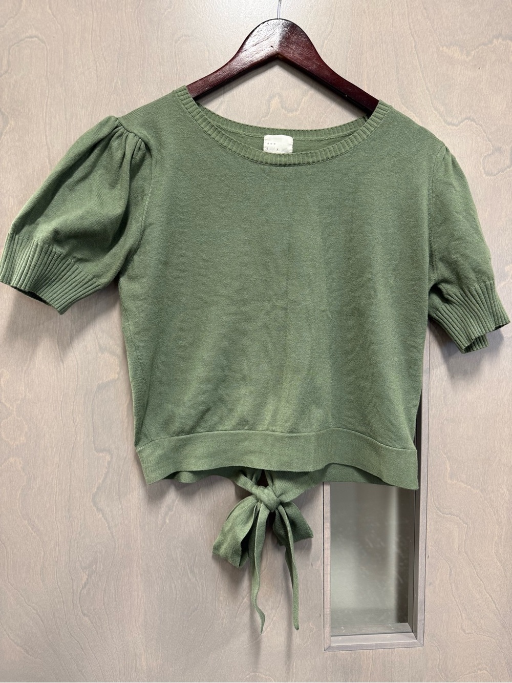 Olive Back-Tie Puff Sleeve Knit Top